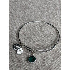 Alex and Ani Silvertone Charm Bangle Bracelet Acrylic Green Rhinestone